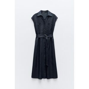 Navy Blue Zara Linen Blend Button Front Belted Sleeveless Flowy Long Dress (NWT)